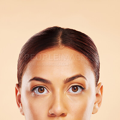 Buy stock photo Face, skincare mockup or eyes of woman in studio isolated on beige background for beauty aesthetic. Facial glow routine, portrait or natural girl model with eyebrows, self love or spa microblading