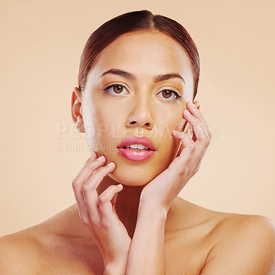 Buy stock photo Portrait, skincare and woman with cosmetics, dermatology and luxury against a brown studio background. Face detox, female person or model with makeup, aesthetic or wellness with health, glow or shine