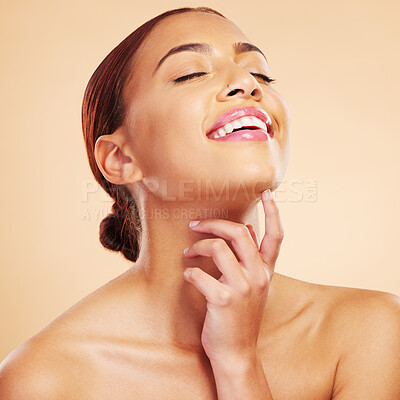 Buy stock photo Skincare, beauty and happy woman with eyes closed in studio isolated on a brown background. Face, makeup cosmetics and natural model touch neck after facial treatment for wellness and healthy skin