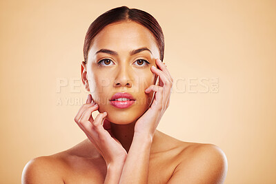Buy stock photo Portrait, mockup and woman with skincare, cosmetics and wellness on a brown studio background. Face, female person and model with luxury, makeup and self care with shine, natural beauty and aesthetic