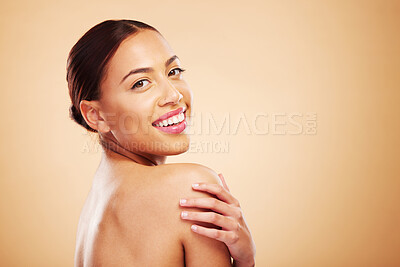 Buy stock photo Portrait, mockup or happy woman with natural beauty in studio on brown background for wellness or glow. Facial treatment, body care or face of Brazilian girl model with self love, or skincare shine