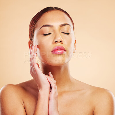 Buy stock photo Touching face, skincare and woman with eyes closed in studio isolated on a brown background. Beauty, cosmetics and natural model with spa facial treatment for aesthetic, wellness and healthy skin