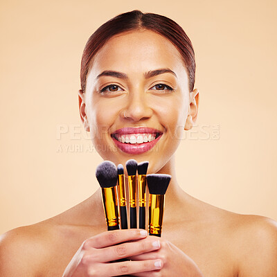 Buy stock photo Makeup, brush and portrait of woman with cosmetic beauty product for skincare isolated in a studio brown background. Eyelid, elegant and powder for cosmetology aesthetic, glow and soft skin glamour