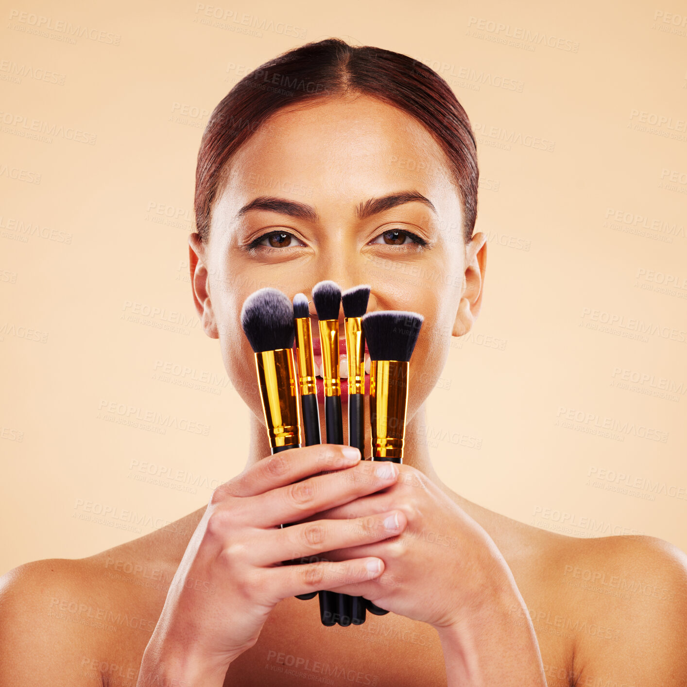 Buy stock photo Makeup, brush and portrait of woman with cosmetic beauty product for skincare isolated in a studio brown background. Happy, elegant and powder for cosmetology aesthetic, glow and soft skin glamour