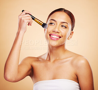 Buy stock photo Makeup, brush and woman with cosmetic beauty application of product for skincare isolated in studio brown background. Happy, elegant and powder for cosmetology aesthetic, glow and soft skin glamour
