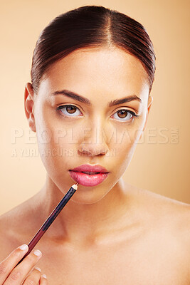 Buy stock photo Portrait, woman or lips pencil for makeup, facial skincare or beauty cosmetics in studio or brown background. Mouth, face or model with lipstick liner product for glow, makeover or application