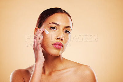 Buy stock photo Skincare, portrait or woman with face cream or sunscreen product in grooming routine with cosmetics. Dermatology, studio background or beauty model applying natural facial creme lotion moisturizer 