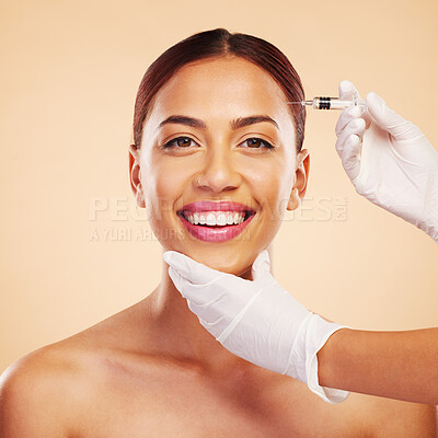 Buy stock photo Portrait, happy woman or plastic surgery with a needle, cosmetics isolated on studio background. Hands, forehead or face of model with injection, smile or beauty in dermatology medical procedure