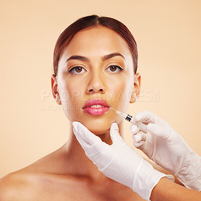 Portrait, woman or plastic surgery with a needle, lip filler and cosmetics isolated on studio background. Hands, lips or face of model with injection, dermatology and beauty with medical procedure