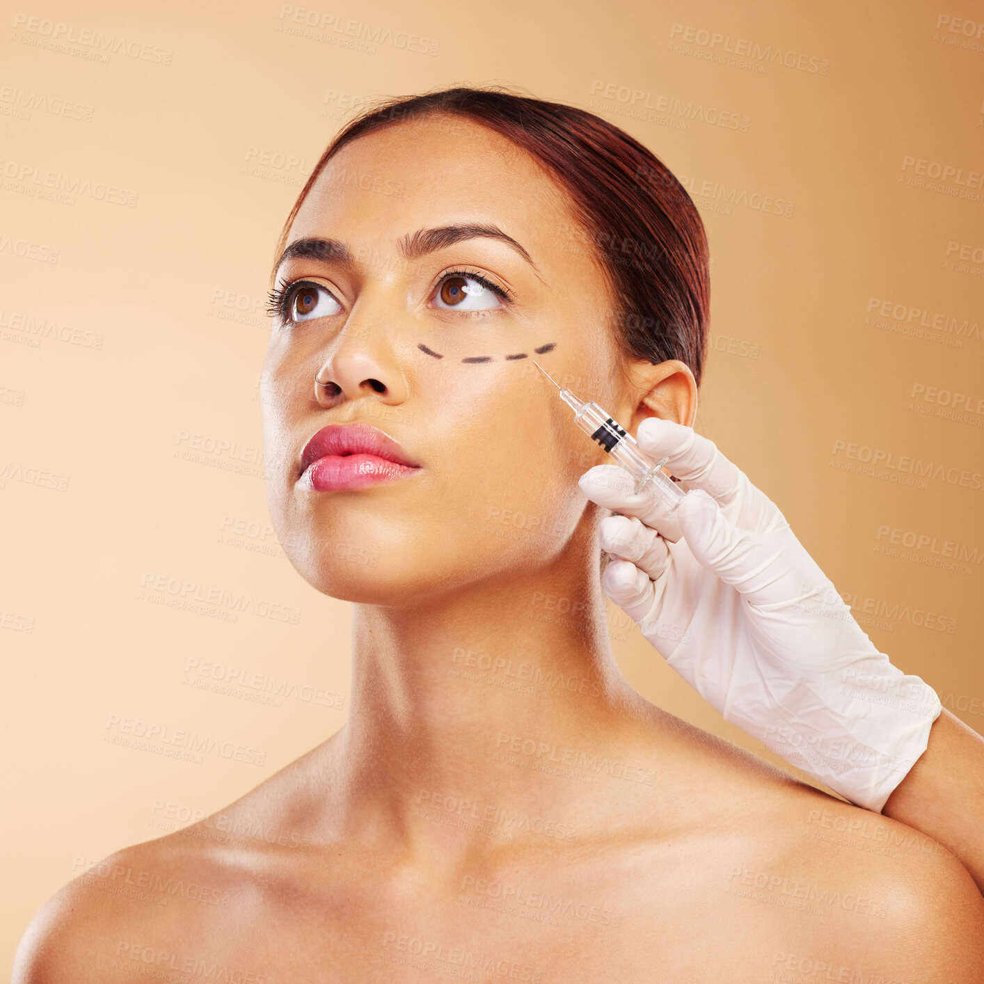 Buy stock photo Ophthalmic, plastic surgery and face of woman with beauty facial for isolated in brown studio background. Skincare, cosmetics and young person with syringe for treatment or medical transformation