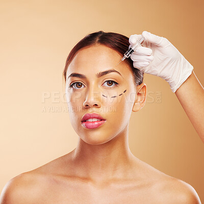 Buy stock photo Rhinoplasty, plastic surgery and syringe for woman with beauty facial for isolated in brown studio background. Skincare, cosmetic and portrait of young person with treatment or medical transformation