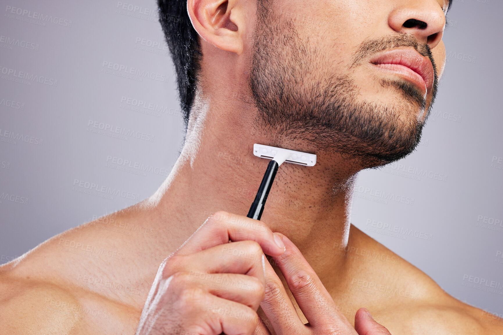 Buy stock photo Beard hair, razor and closeup man with beauty routine, self care treatment, morning bathroom grooming and cosmetics skincare. Neck cleaning, salon wellness or studio person shaving on grey background