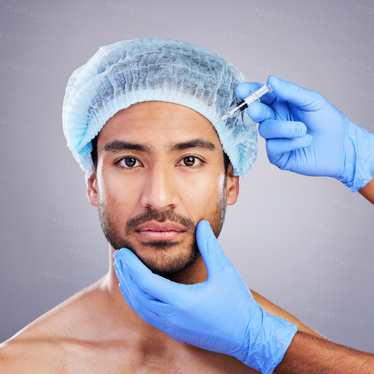 Buy stock photo Hands, portrait and transformation with a man in studio on a gray background for an injection. Face, beauty and plastic surgery with a male customer in a clinic for antiaging filler or cosmetics