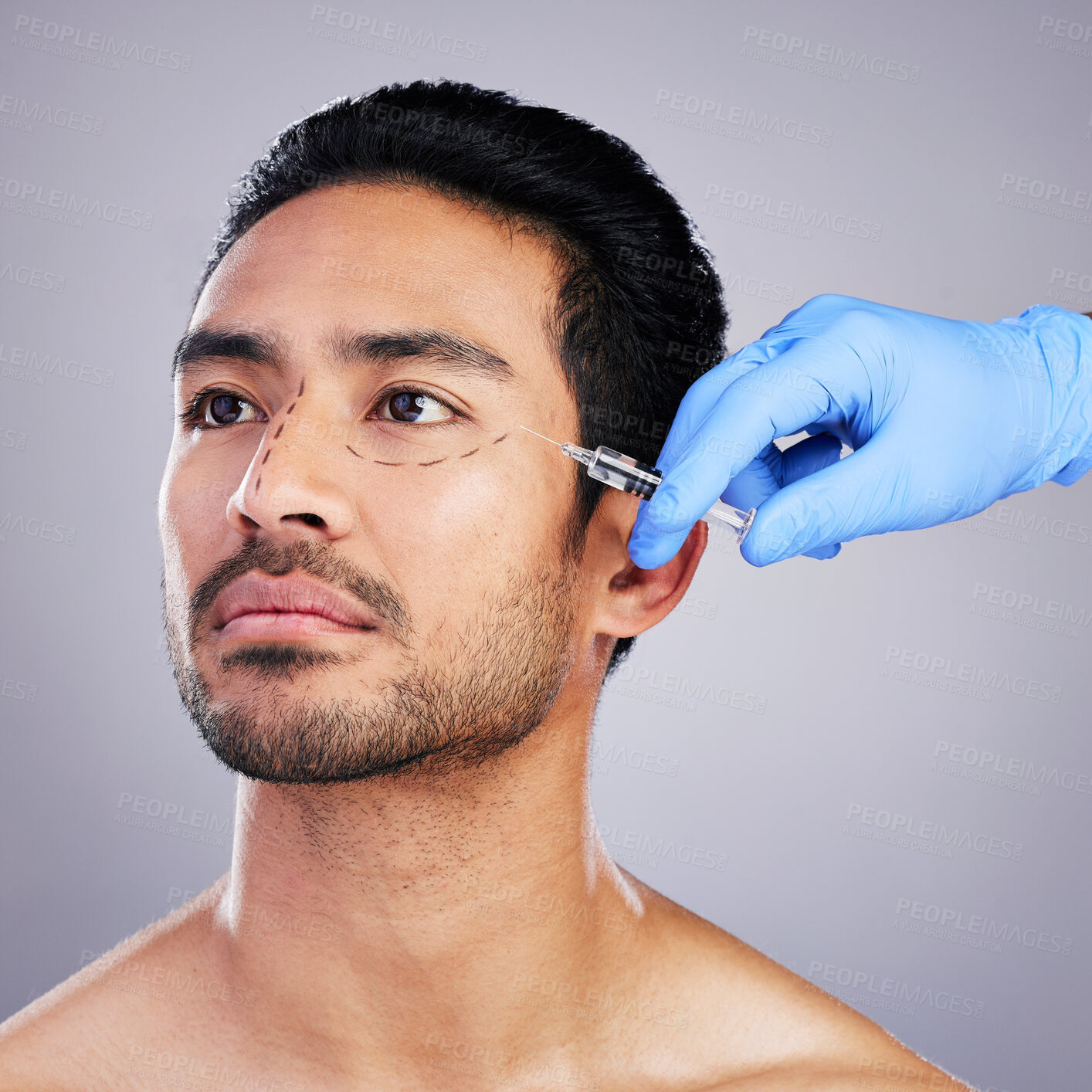 Buy stock photo Beauty, plastic surgery and injection with face of man in studio for prp, aesthetics and collagen. Spa, skincare and dermatology with person on gray background for facial, cosmetics and filler