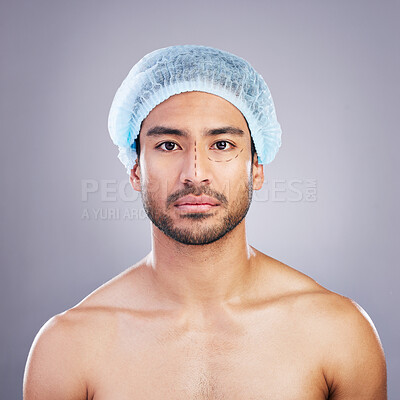Buy stock photo Portrait, skincare and man with plastic surgery, change and beauty enhancement against a grey studio background. Face, male person and model with transformation, facial dermatology and aesthetic