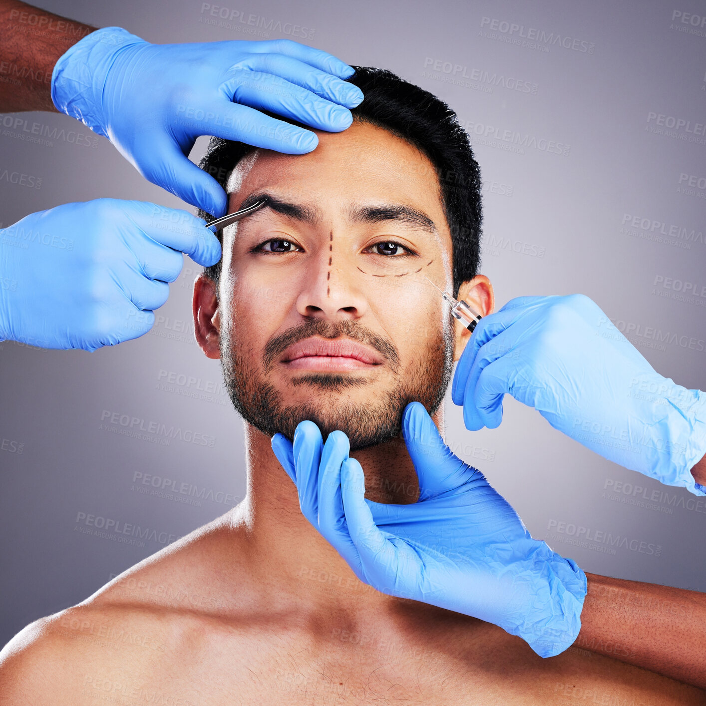 Buy stock photo Beauty, plastic surgery and injection with portrait of man in studio for prp, aesthetics or collagen. Spa, skincare and dermatology with person on gray background for facial, cosmetics or face filler