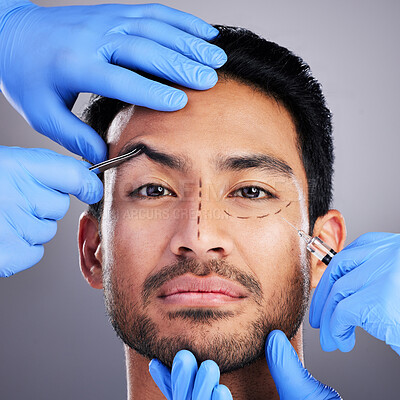Buy stock photo Plastic surgery, brow lift and drawing with portrait of man and surgeon for needle and syringe placement. Hands, face and dermatology of a male person with medical procedure and collagen in studio