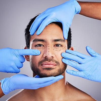 Buy stock photo Plastic surgery, hands and drawing with portrait of man and surgeon for needle and syringe placement. Skincare, face and dermatology of a male person with medical procedure and collagen in studio