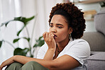 Depressed, sad and african girl in home with anxiety for future with upset expression. Worry concern and remembering with female person in living on floor with problems or mental health with memory.