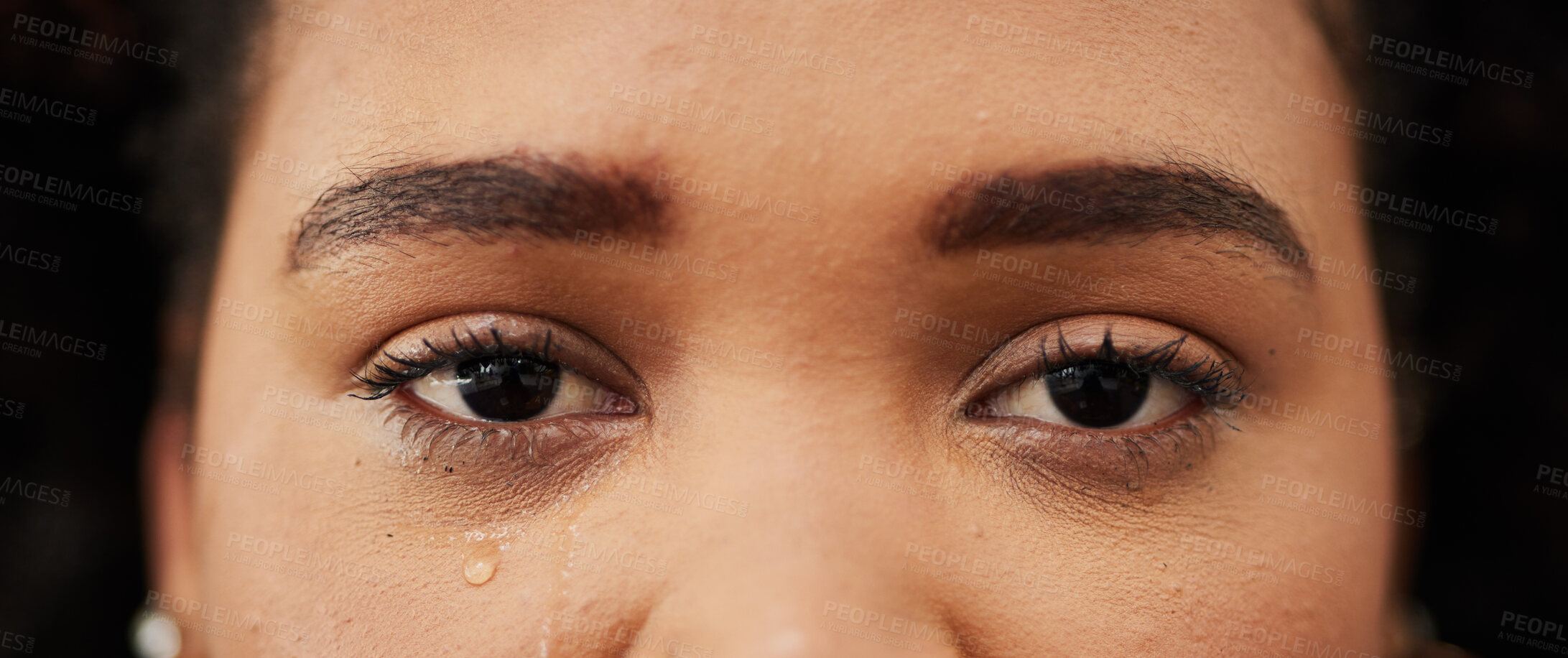 Buy stock photo Woman, crying and portrait with tears in eyes from depression, mental health problem or anxiety for crisis in life. Sad, face and closep on person with grief, pain or depressed with emotions