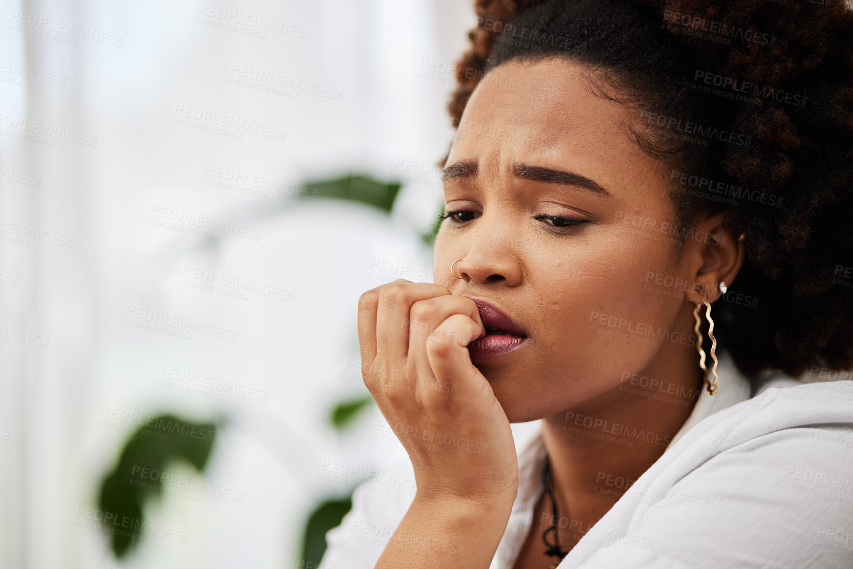 Buy stock photo Anxiety, thinking and african girl in home or depressed with trauma or remembering a mistake. Worry, stress and sad with female person in living room with decision or problem or confused in life.