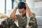 Trauma, depression and a military or army man with mental health problem on floor. Soldier, psychology and a male veteran person with anxiety, fear and frustration or ptsd crisis in home living room