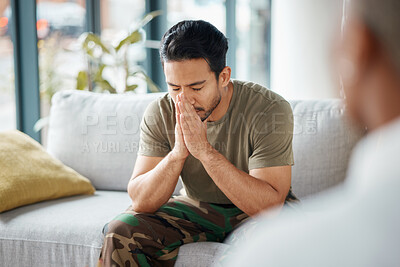 Buy stock photo Stress, soldier and man in therapy for trauma counseling due to military war and talking army mental health support. Consultation, depression and sad man with help for psychology problem on a sofa