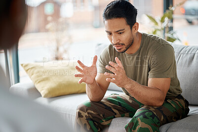 Buy stock photo Therapist, soldier and man talking, support and counseling for military trauma, mental health and memory of war. Speaking, therapy and young veteran or army person with psychologist helping on sofa