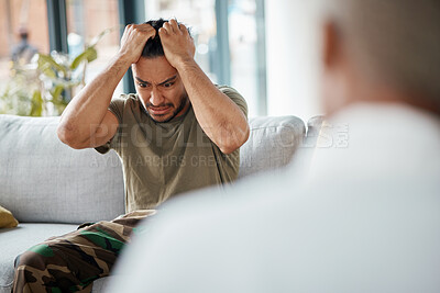 Buy stock photo Army anger, ptsd and man in therapy with stress from war and a psychologist for support. Depression, thinking and military worker or soldier with anxiety in counseling with a healthcare professional