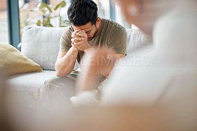Buy stock photo Sad, ptsd and male soldier in therapy for mental health, depression or grief after a military war. Frustrated, trauma and man army warrior talking to a psychologist about emotions in a clinic office.