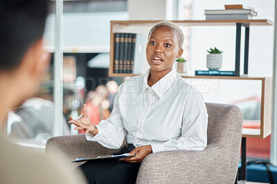 Buy stock photo Consulting, psychology and mental health with black woman in office for support, advice and counseling. Therapy, healthcare and conversation with psychologist and patient for rehabilitation and help