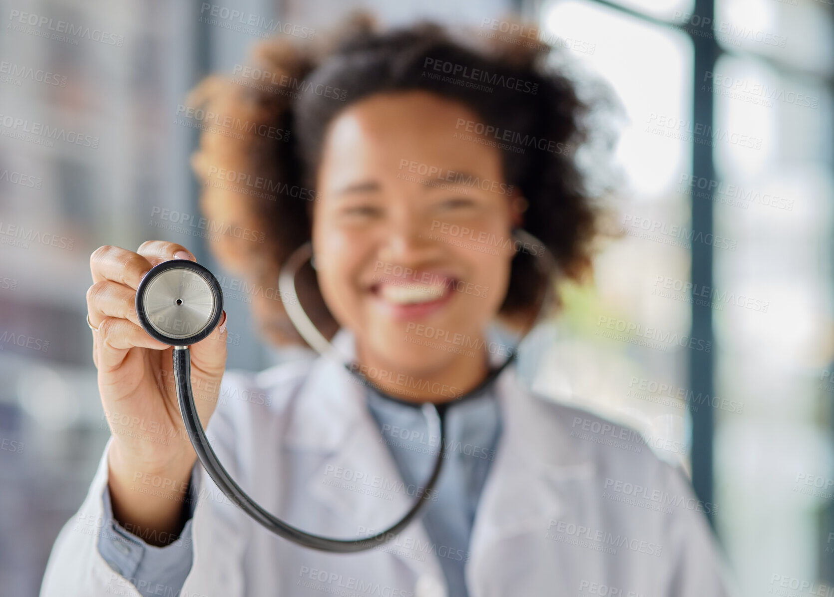 Buy stock photo Doctor, hands and woman listening with stethoscope for heartbeat, healthcare services or cardiology. Closeup of female medical worker with tools to check heart, lungs and breathing test in hospital 