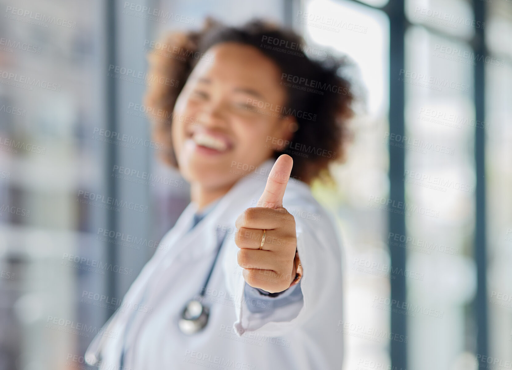 Buy stock photo Thumbs up, hands of woman and doctor with success, support and trust in medical clinic. Closeup, healthcare worker and thumb sign to celebrate agreement, yes emoji and thank you of review in hospital