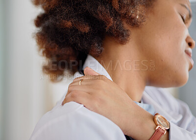 Buy stock photo Tired, injury and closeup of woman and neck pain for emergency, accident and inflammation. Physical therapy, exhausted and fatigue with shoulder of female person for muscle, stress and problem