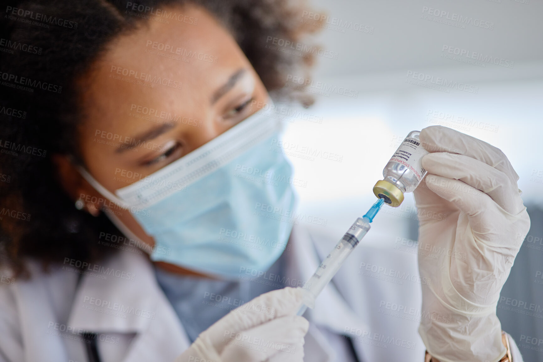 Buy stock photo Smallpox, vaccine and vial with doctor, needle and healthcare safety in hospital. Woman, nurse with face mask and injection for vaccination, virus and bottle for immunity, medical development or help