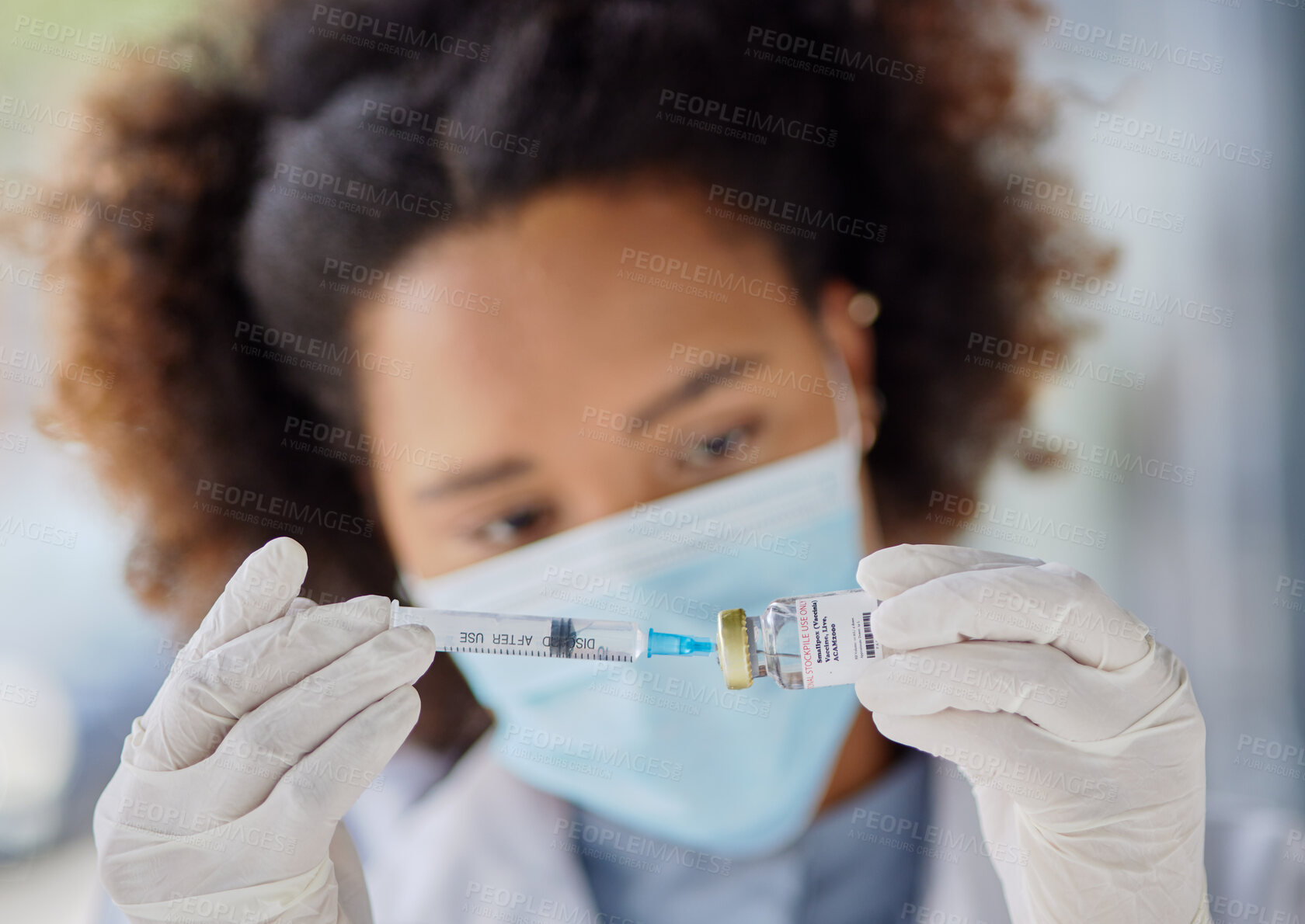 Buy stock photo Hands, medical and a doctor or black woman with a vaccine for healthcare, virus safety or prescription. Closeup, medicine and an African nurse or hospital employee with a vial or syringe for smallpox