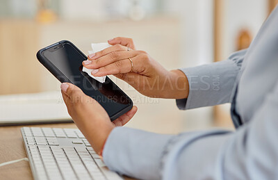 Buy stock photo Woman, hands and cleaning phone in office for mockup space of hygiene, health and virus safety. Closeup of worker wipe dirt on mobile screen with tissue for sanitation, disinfection and dust bacteria