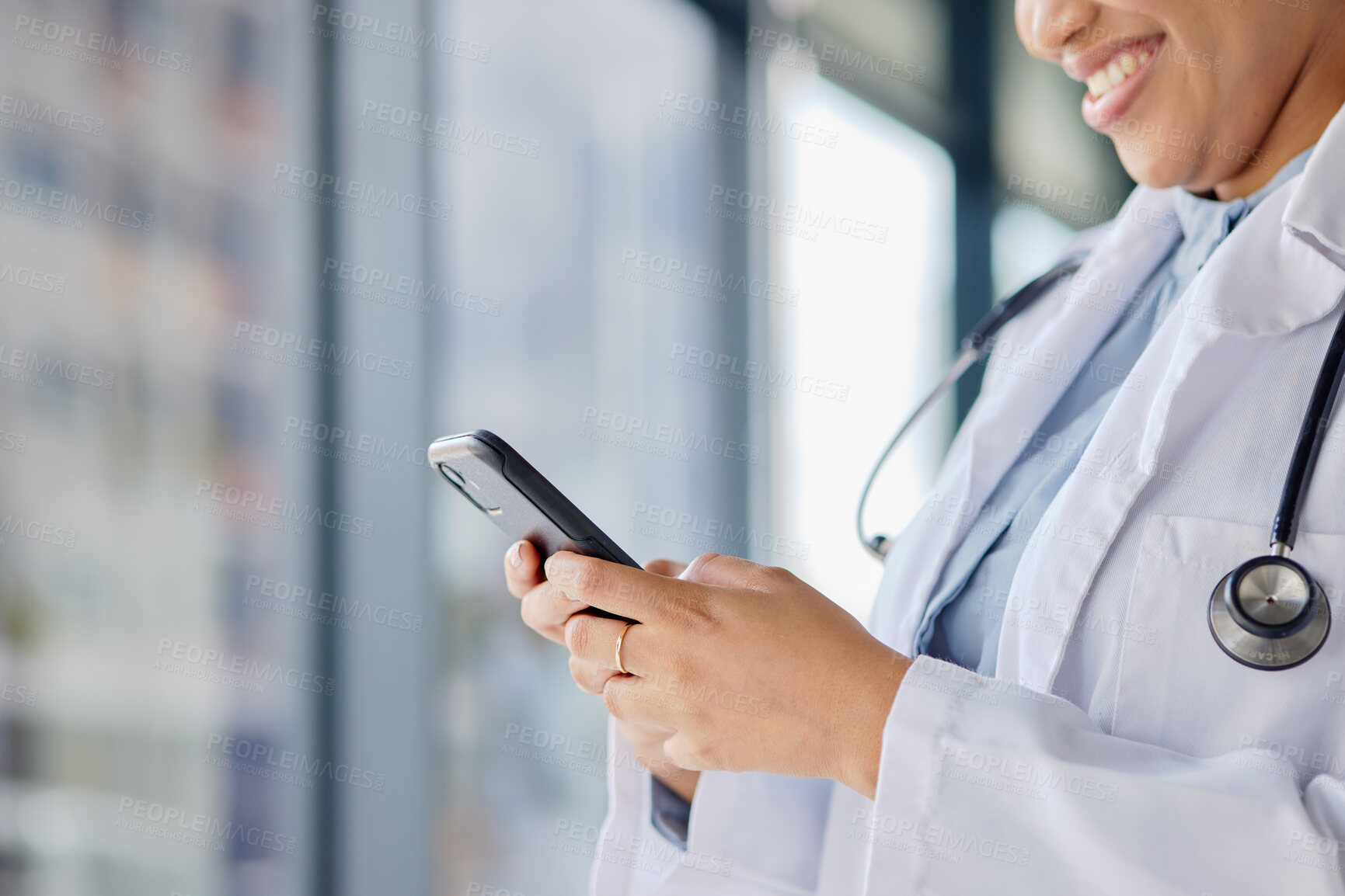 Buy stock photo Hands of doctor, woman and typing on smartphone in hospital for online contact, reading healthcare data and telehealth information. Closeup of medical worker search mobile app, technology and network