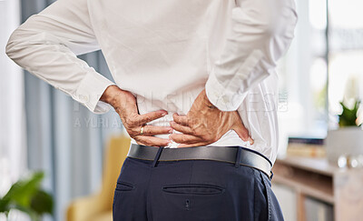 Buy stock photo Man, office and back pain with injury or stress from accident or tired muscle with bone problem. Stretching, spine and body with business person at corporate company with working hard or exhausted.