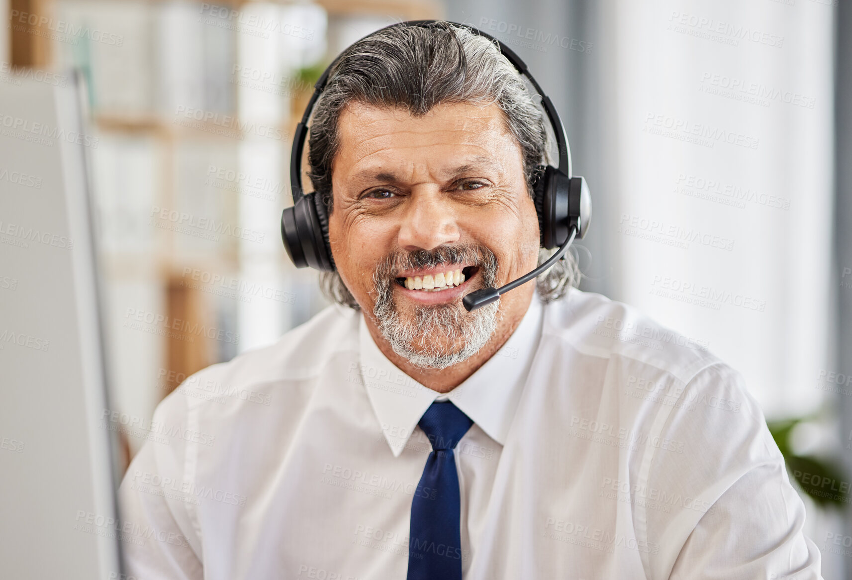 Buy stock photo Call centre, happy and portrait of a man with a headset and a smile for customer service. Face of a mature male consultant or agent for technical support, help desk or crm advice and telemarketing