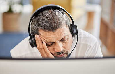 Buy stock photo Exhausted, customer service and male consultant sleeping in his office doing an online consultation. Fatigue, burnout and tired mature man telemarketing agent taking a nap with a headset in workplace