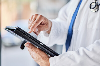 Buy stock photo Tablet, doctor hands and person for healthcare information, results and online research or clinic management software. Typing, search and medical worker with digital technology for health services