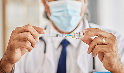 Buy stock photo Medical, vaccination and hands of doctor with a needle for a flu, cold or allergy treatment. Professional, injection vial and closeup of healthcare worker with smallpox vaccine syringe in clinic.