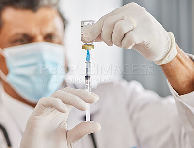 Buy stock photo Healthcare, vaccine and closeup of a doctor with a needle for a flu, cold or allergy treatment. Professional, injection vial and zoom of male medical worker with a vaccination syringe in a clinic.