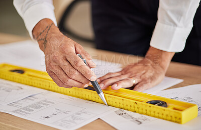 Buy stock photo Closeup, hands and architect with blueprint, measurement and planning for new project construction. Zoom, engineering and male person with documents, architecture and equipment to check information