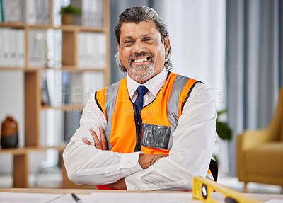 Buy stock photo Architect, contractor and portrait of man in office for construction project management, development and planning property. Happy mature designer, building planner and engineering with arms crossed 