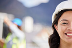 Woman, engineering portrait and city construction site, project development and infrastructure design. Happy face of architecture person, contractor or industrial worker in helmet and outdoor mockup