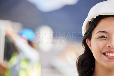 Buy stock photo Woman, engineering portrait and city construction site, project development and infrastructure design. Happy face of architecture person, contractor or industrial worker in helmet and outdoor mockup