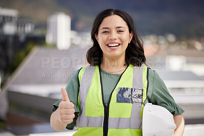 Buy stock photo Woman, engineering portrait and thumbs up for city development, construction goals and like, yes or support sign. Architecture person, worker or contractor with safety gear and ok or good job emoji