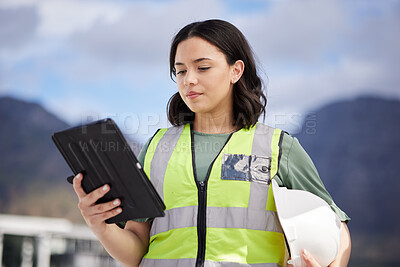 Buy stock photo Thinking, engineering and woman with a tablet, outdoor and planning with renewable energy, safety and connection. Female person, architect and employee with technology, maintenance and inspection